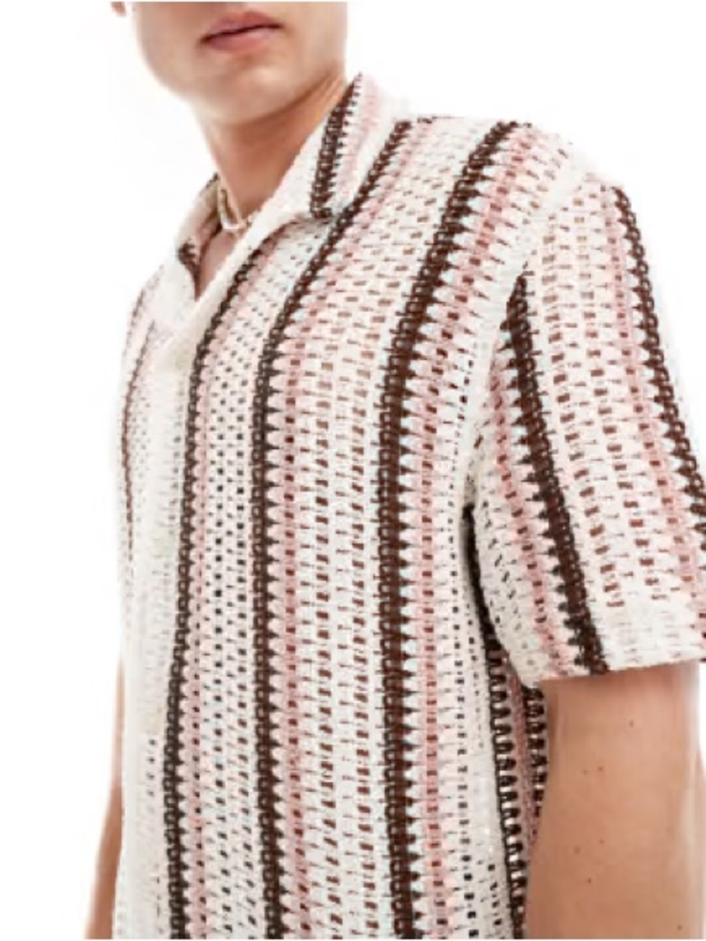 D & F Men's Short-Sleeve Crochet Stripe Button-Down Shirt in White, Pink & Brown